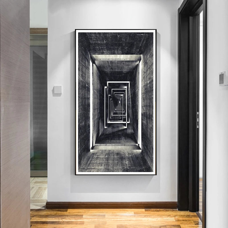 Modern Abstract Tunnel Vision Architectural Wall Art Fine Art Canvas Print - Black White Poster For Home Office Foyer Reception Room Living Room Art Decor
