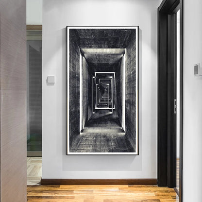 Modern Abstract Tunnel Vision Architectural Wall Art Fine Art Canvas Print - Black White Poster For Home Office Foyer Reception Room Living Room Art Decor