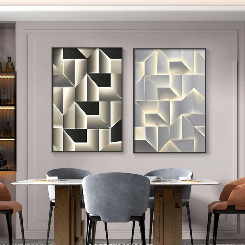 Modern Aesthetics 3D Effect Abstract Geometric Wall Art Fine Art Canvas Prints - Art For Modern Apartment Living Room Dining Room Home Office Art Decor