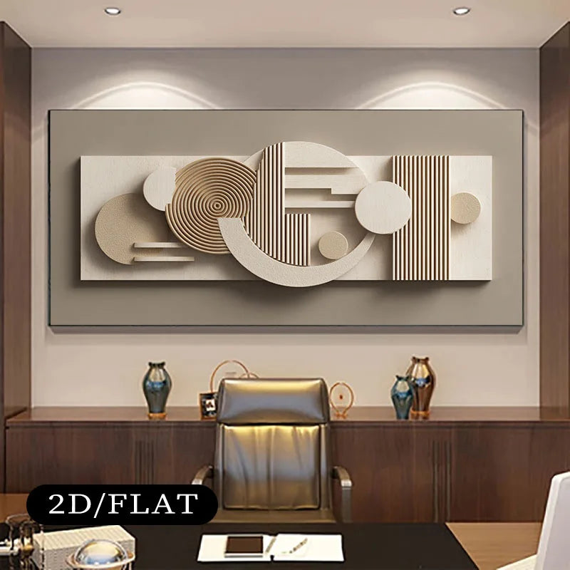 Modern Aesthetics Abstract Beige & Brown Geometric Wall Art – Futuristic Circles & Line Design – Large Abstract Canvas Print for Contemporary Office Décor