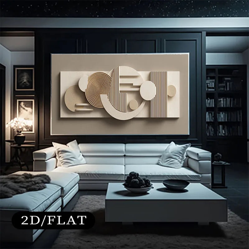 Modern living room with abstract wall art and '2D/FLAT' text