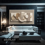 Modern living room with abstract wall art and '2D/FLAT' text