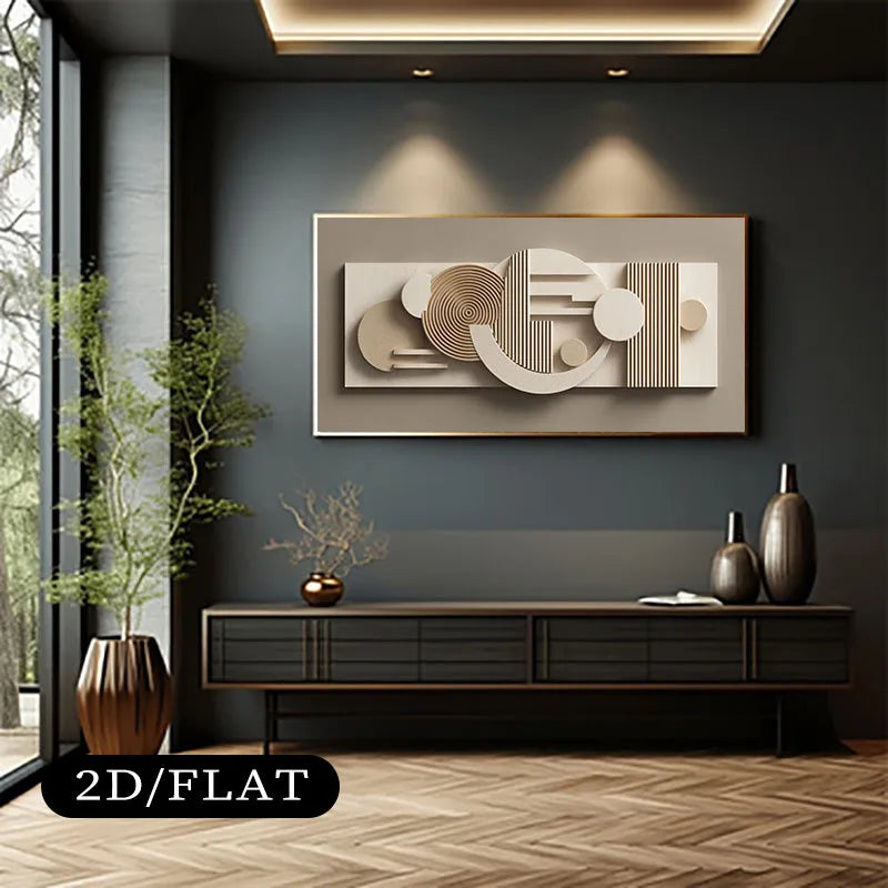Modern interior design with abstract wall art, dark gray wall, and wooden floor.