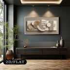 Modern interior design with abstract wall art, dark gray wall, and wooden floor.