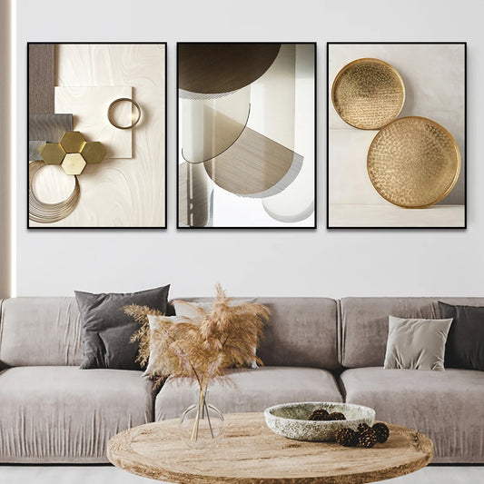 Modern Aesthetics Bronze Golden Geometry Abstract Wall Art Fine Art Canvas Print - Pictures For Living Room Dining Room Art For Contemporary Interiors