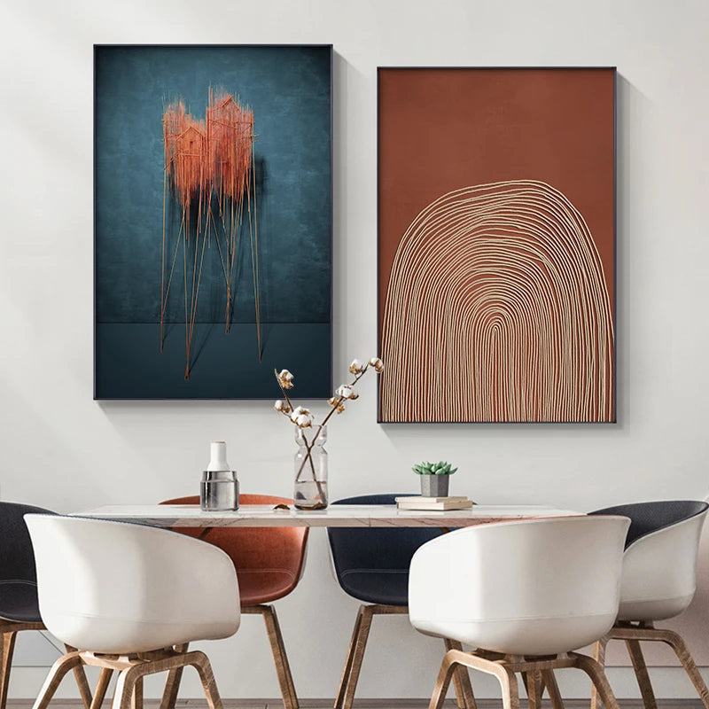 Modern Blue Terracotta Lines Abstract Wall Art Fine Art Canvas Prints - Contemporary Artworks For Dining Room Living Room Stylish Art For New Apartments