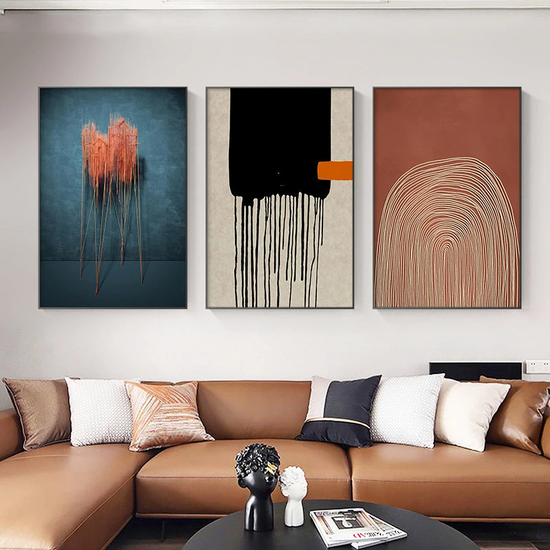 Modern Blue Terracotta Lines Abstract Wall Art Fine Art Canvas Prints - Contemporary Artworks For Dining Room Living Room Stylish Art For New Apartments