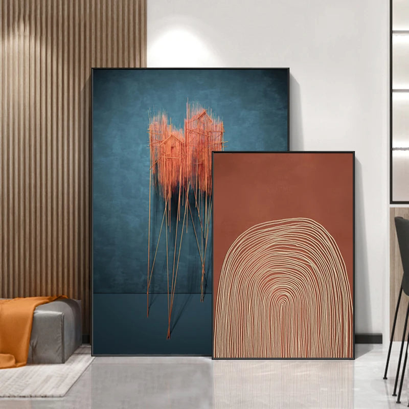 Modern Blue Terracotta Lines Abstract Wall Art Fine Art Canvas Prints - Contemporary Artworks For Dining Room Living Room Stylish Art For New Apartments