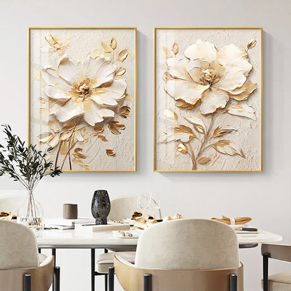 Modern Bohemian Botanical Beige White Floral Wall Art Fine Art Canvas Prints - Modern Art For Living Room Dining Room Bedroom Art For Contemporary Interiors