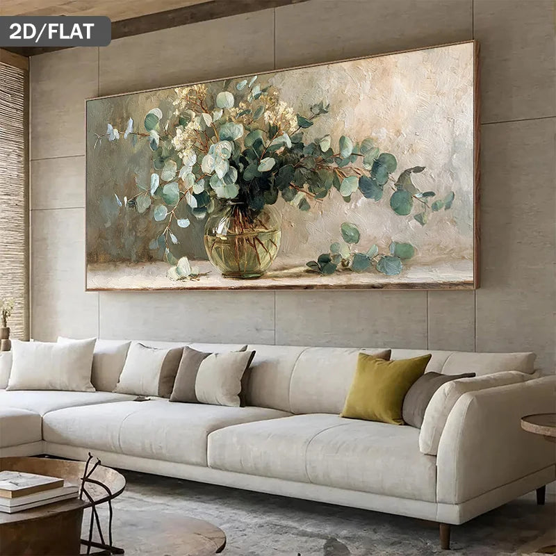 Modern Eucalyptus Floral Wall Art Fine Art Canvas Print – Neutral Green Beige White Botanical Artwork for Contemporary Living Room Décor