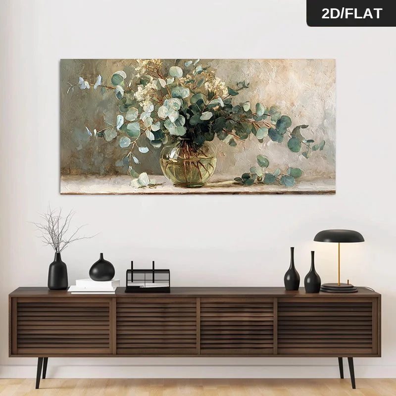 Modern Eucalyptus Floral Wall Art Fine Art Canvas Print – Neutral Green Beige White Botanical Artwork for Contemporary Living Room Décor