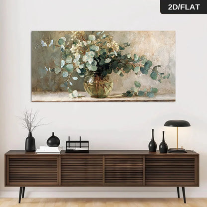 Modern Eucalyptus Floral Wall Art Fine Art Canvas Print – Neutral Green Beige White Botanical Artwork for Contemporary Living Room Décor