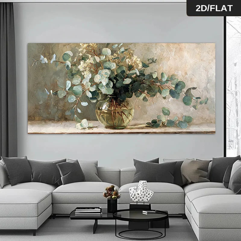 Modern Eucalyptus Floral Wall Art Fine Art Canvas Print – Neutral Green Beige White Botanical Artwork for Contemporary Living Room Décor