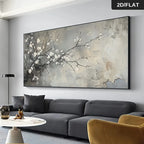 Modern Floral White Blossom Tree Canvas Print – Neutral Abstract Floral Wall Art with Soft White Petals, Grey‑Beige Background & Calm Nature‑Inspired Aesthetic