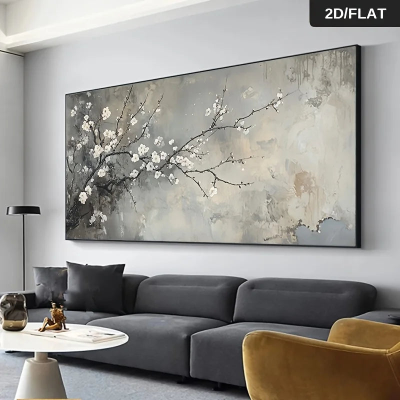 Modern Floral White Blossom Tree Canvas Print – Neutral Abstract Floral Wall Art with Soft White Petals, Grey‑Beige Background & Calm Nature‑Inspired Aesthetic