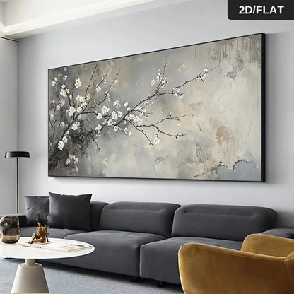 Modern Floral White Blossom Tree Canvas Print – Neutral Abstract Floral Wall Art with Soft White Petals, Grey‑Beige Background & Calm Nature‑Inspired Aesthetic