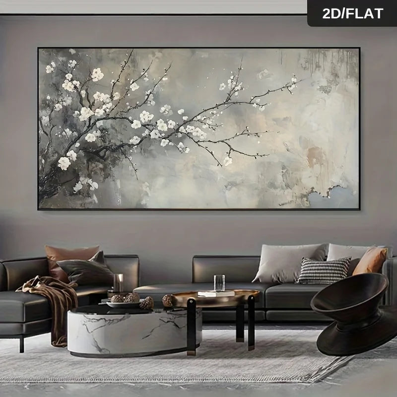 Modern Floral White Blossom Tree Canvas Print – Neutral Abstract Floral W all Art with Soft White Petals, Grey‑Beige Background & Calm Nature‑Inspired Aesthetic