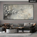 Modern Floral White Blossom Tree Canvas Print – Neutral Abstract Floral W all Art with Soft White Petals, Grey‑Beige Background & Calm Nature‑Inspired Aesthetic