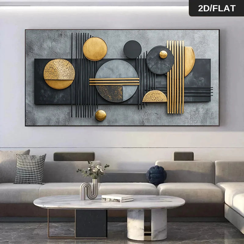 A large abstract wall art piece with geometric shapes in gray, black, and metallic gold, displayed above a modern sofa in a living room setting. 