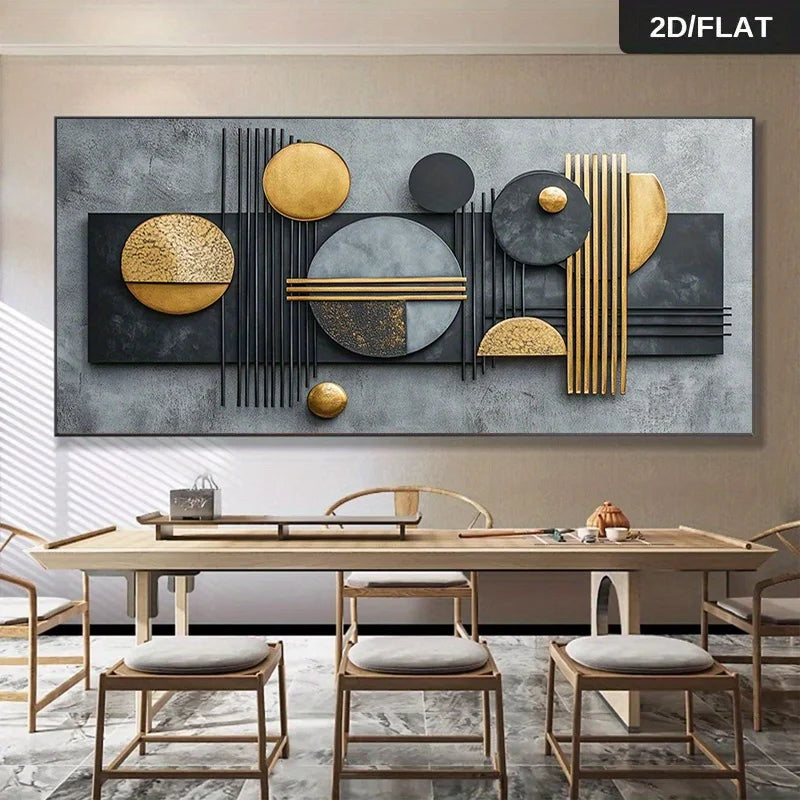 Large rectangular abstract wall art hanging above a dining table and chairs in a modern interior. The artwork features gray, black, and metallic gold geometric shapes and lines on a textured gray background.