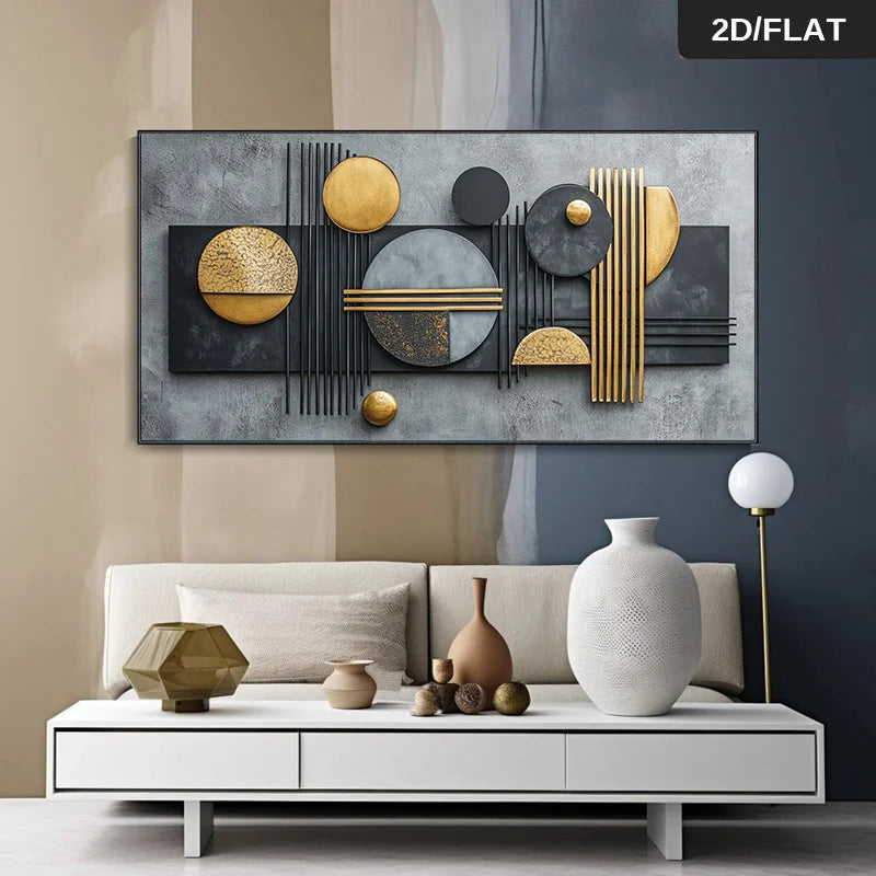 Modern abstract wall art featuring geometric circles, arcs, and textured rectangular panels in gray, black, and metallic gold, displayed above a white console table in a styled living room setting.