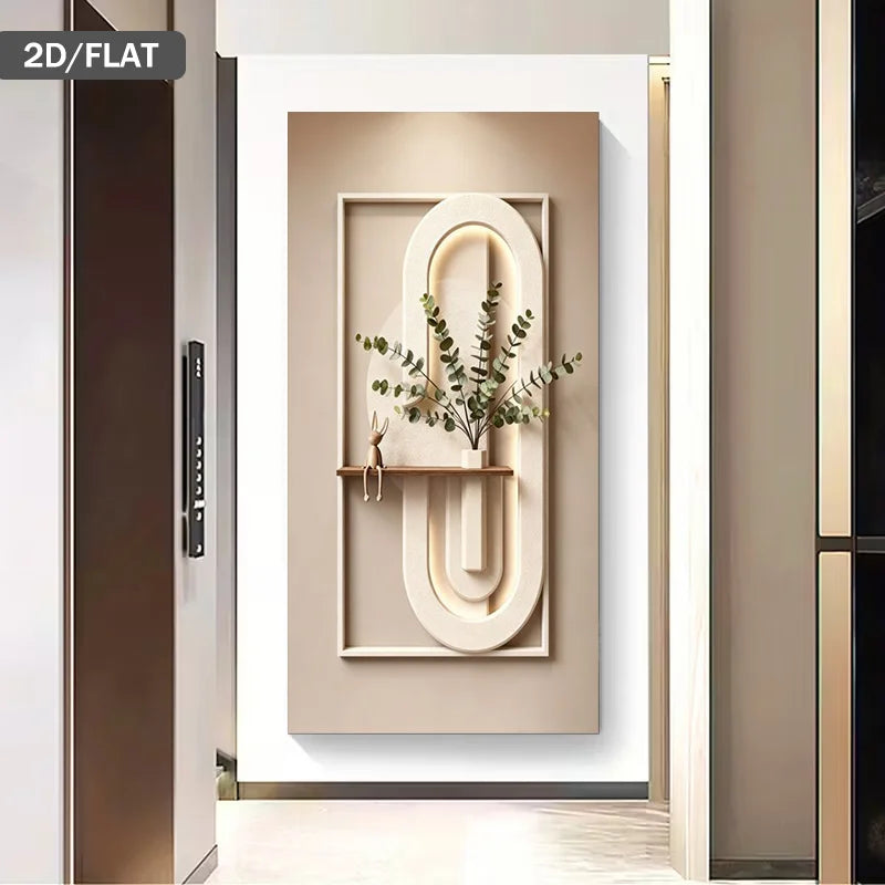 Decorative wall art with abstract design and plant on a white wall.