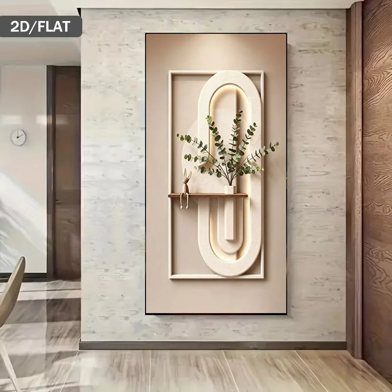Decorative wall art with abstract design and plant on a light wood floor.