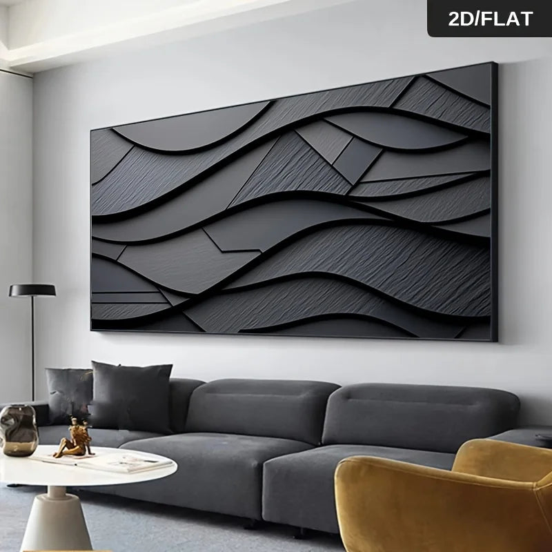 Modern Geometric Wavy Abstract Wall Art – Textured Black & Grey Contemporary Unframed Canvas Print for Luxury Living Room & Minimalist Interior Decor