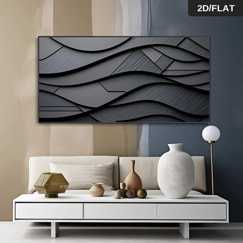 Modern living room with a decorative wall art piece above a white console table.