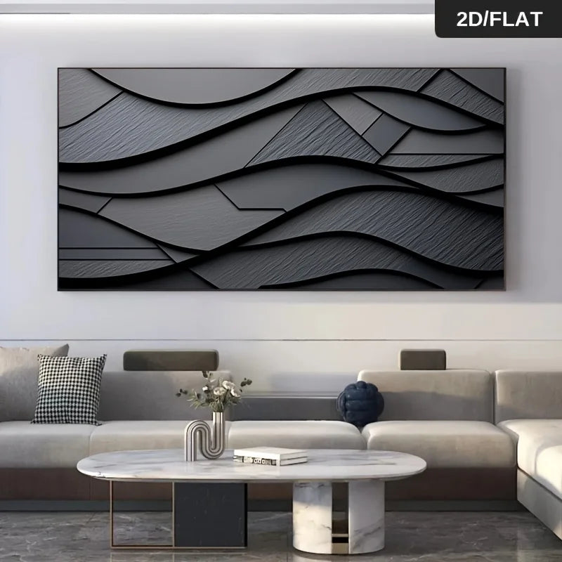Modern living room with a large abstract wall art piece.