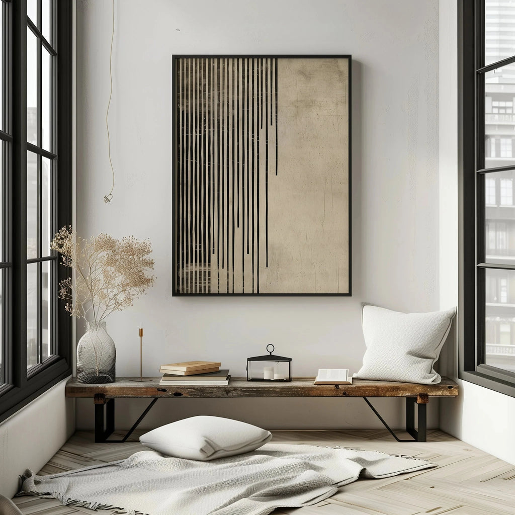 A large abstract canvas print with black vertical lines on a beige background hangs on a white wall above a rustic wooden bench in a bright, modern room with large black-framed windows.