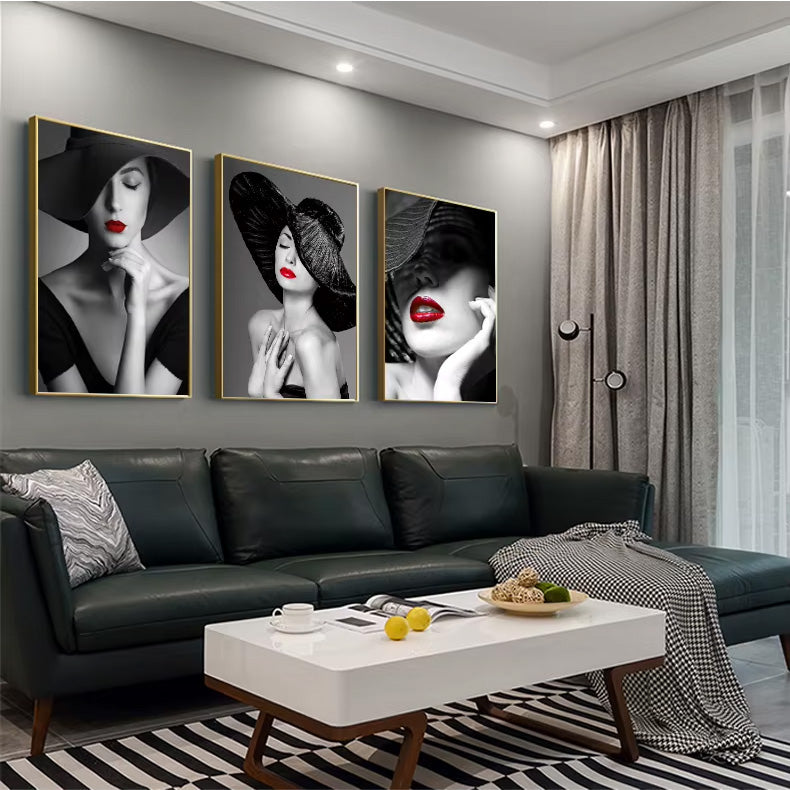 Modern Retro Black White Fashion Girl Wall Art Fine Art Canvas Prints - Pictures For Living Room Bedroom Boutique Salon Art Decor