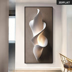 Abstract wall sculpture on a textured wall with a chair and window in the background