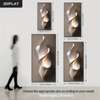 Abstract wall art with dimensions displayed on a white wall.