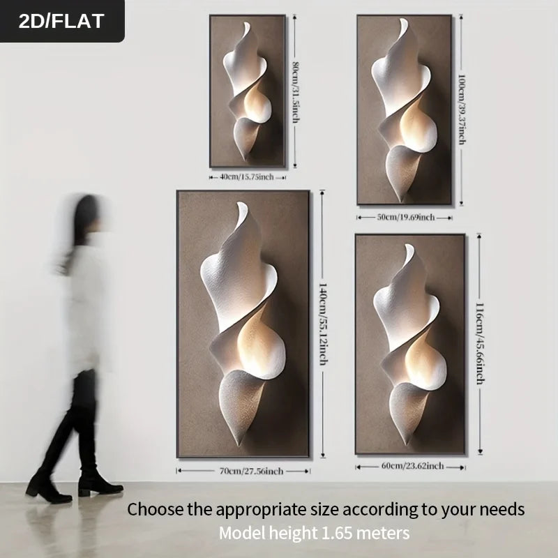Abstract wall art with dimensions displayed on a white wall.