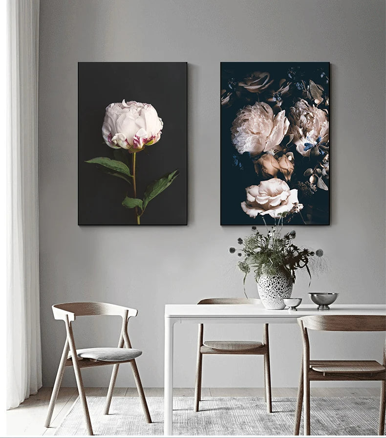 Modern Simple Pink Floral Wall Art Fine Art Canvas Prints - Scandinavian Style Botanic Pictures For Living Room Dining Room Kitchen Art Decor For Contemporary Interiors