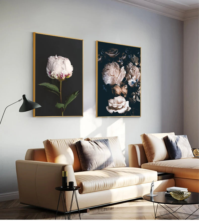 Modern Simple Pink Floral Wall Art Fine Art Canvas Prints - Scandinavian Style Botanic Pictures For Living Room Dining Room Kitchen Art Decor For Contemporary Interiors