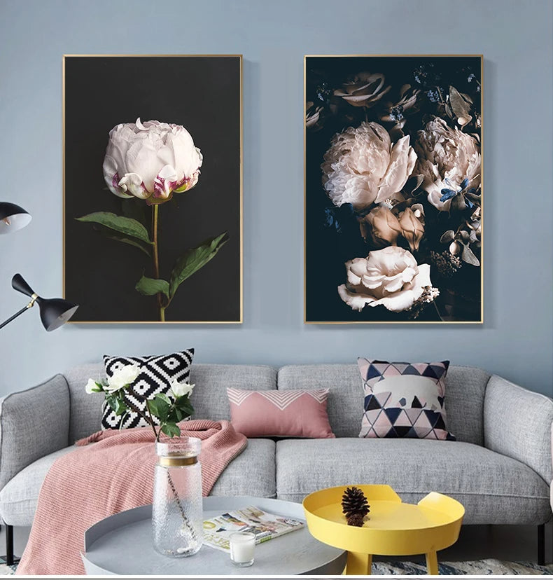 Modern Simple Pink Floral Wall Art Fine Art Canvas Prints - Scandinavian Style Botanic Pictures For Living Room Dining Room Kitchen Art Decor For Contemporary Interiors