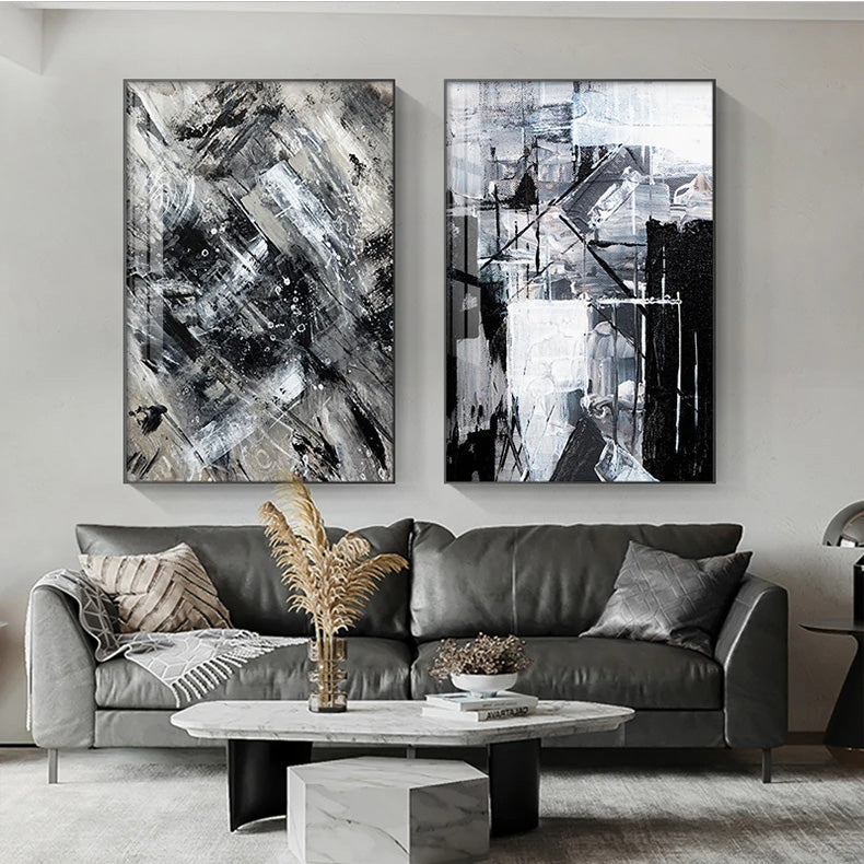 Modern Urban Abstract Black White Wall Art Fine Art Canvas Prints - Artworks For Modern Apartment Living Room Dining Room Art For Contemporary Home or Office