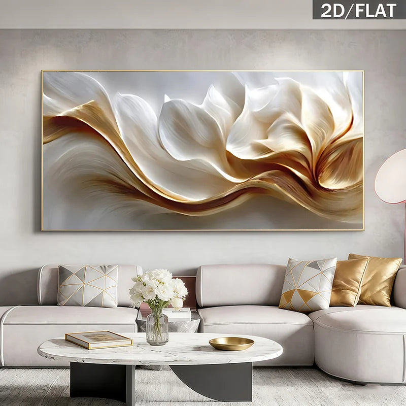 Modern living room with a large abstract painting above a sofa.