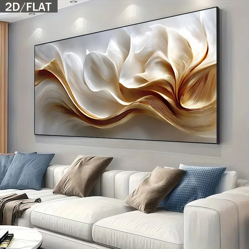 Modern White & Gold Wave Abstract Wall Art Canvas Print – Elegant Flowing Minimalist Design for Living Room, Lounge & Contemporary Home Interior Décor