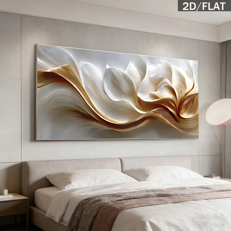 Modern White & Gold Wave Abstract Wall Art Canvas Print – Elegant Flowing Minimalist Design for Living Room, Lounge & Contemporary Home Interior Décor