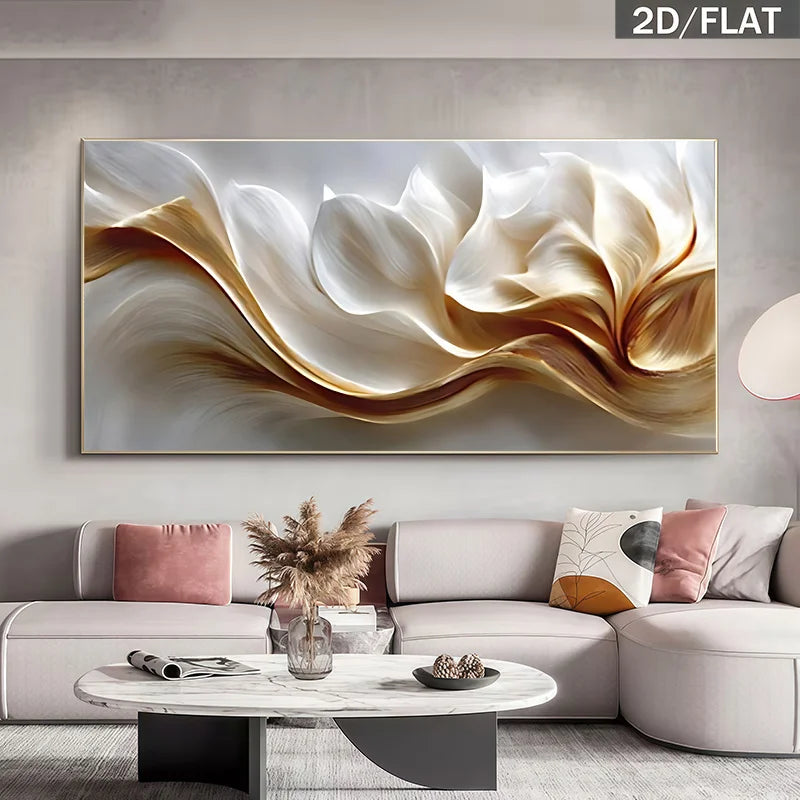 Modern White & Gold Wave Abstract Wall Art Canvas Print – Elegant Flowing Minimalist Design for Living Room, Lounge & Contemporary Home Interior Décor