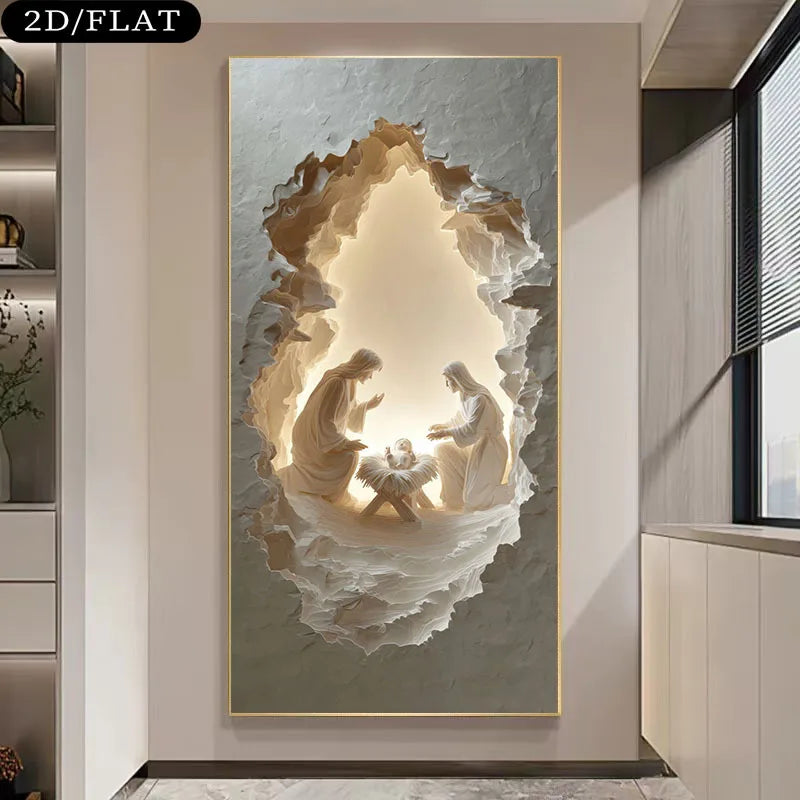 Nativity Scene Unframed Canvas Print Wall Art – Holy Cave Design with Warm Glow for Modern Living Room & Contemporary Foyer Hallway Decor