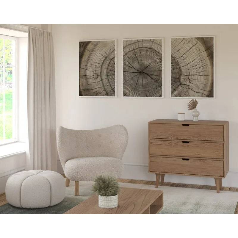 Three framed square wall art prints featuring rustic tree trunk cross-sections in neutral beige, brown, and gray tones, displayed in a styled living room setting above a wooden chest of drawers and a cream tufted armchair.