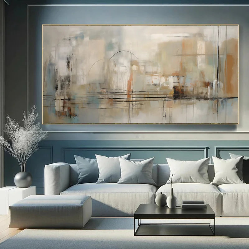Modern living room with a gray sofa, coffee table, and abstract painting on the wall.