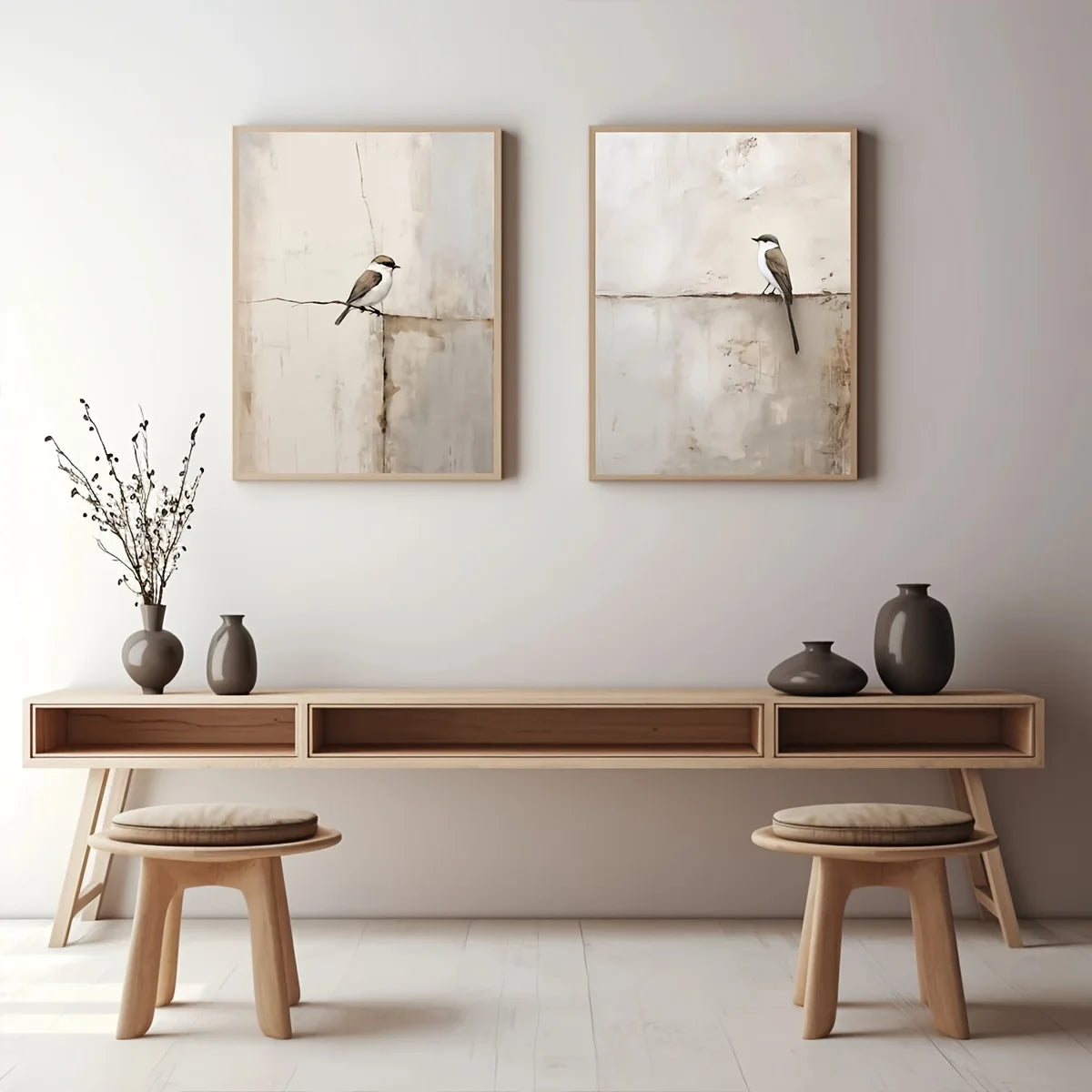 A styled interior scene showing two framed bird wall art prints hanging above a long light wood console table, with two small wooden stools, dark vases, and a vase of branches against a pale gray wall.