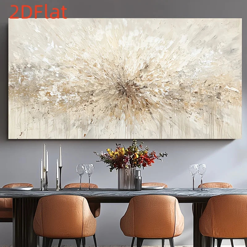 A large abstract canvas wall art piece with a textured radial burst in cream, beige, and brown tones, displayed above a dining table with orange chairs and a floral centerpiece in a modern dining room setting.