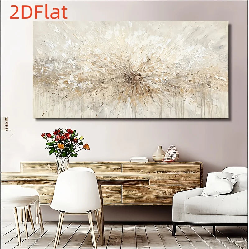 A large rectangular abstract canvas wall art piece with a textured radial burst in cream, beige, and light brown tones, displayed above a wooden console in a styled living room setting. The text '2DFlat' appears in orange in the top-left corner.