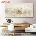 A large rectangular abstract canvas wall art piece with a textured radial burst in cream, beige, and light brown tones, displayed above a wooden console in a styled living room setting. The text '2DFlat' appears in orange in the top-left corner.